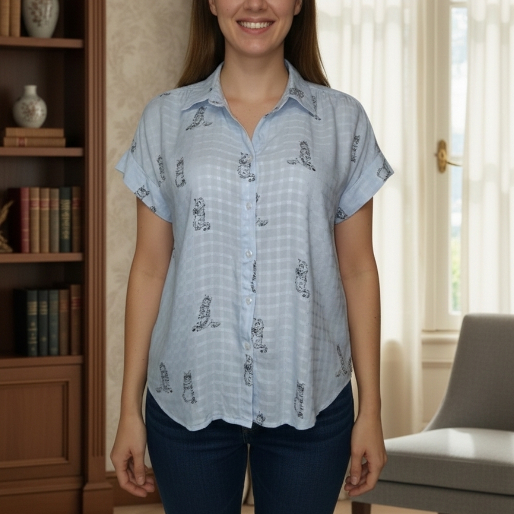 JANE+DELANCEY size S Sky Blue Button Down Shirt with Cat Design 100% Rayon